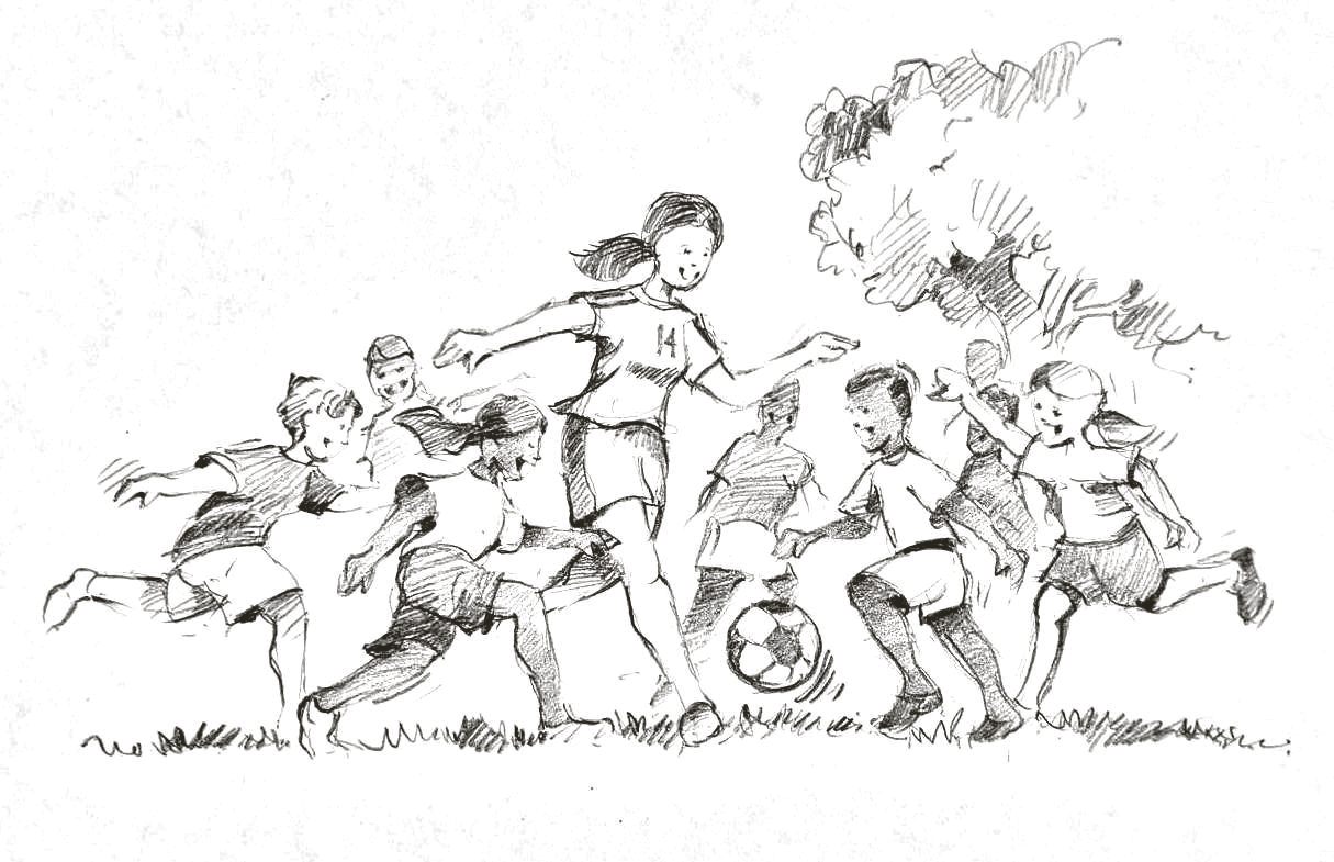 Pencil sketch of a pack of laughing kids swarming the local soccer star as she dribbles the ball across the grass