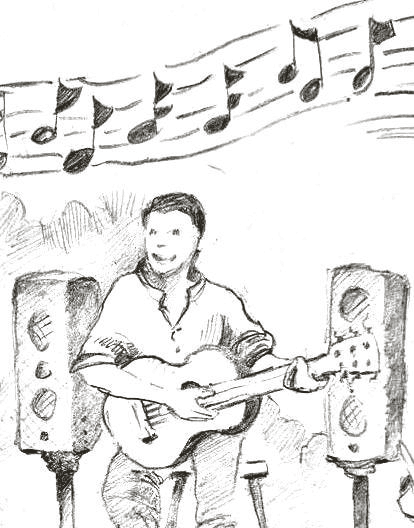 Pencil sketch of a smiling guitarist playing between two PA speakers, musical notes drifting overhead