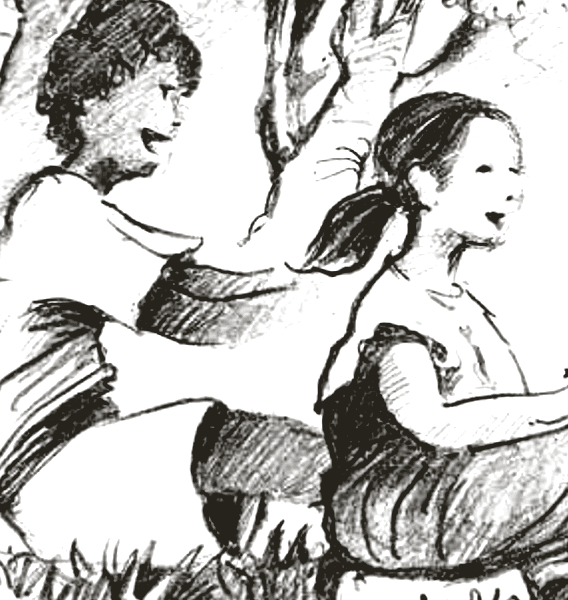 Pencil sketch of two children sitting together in the grass, one turned toward the other