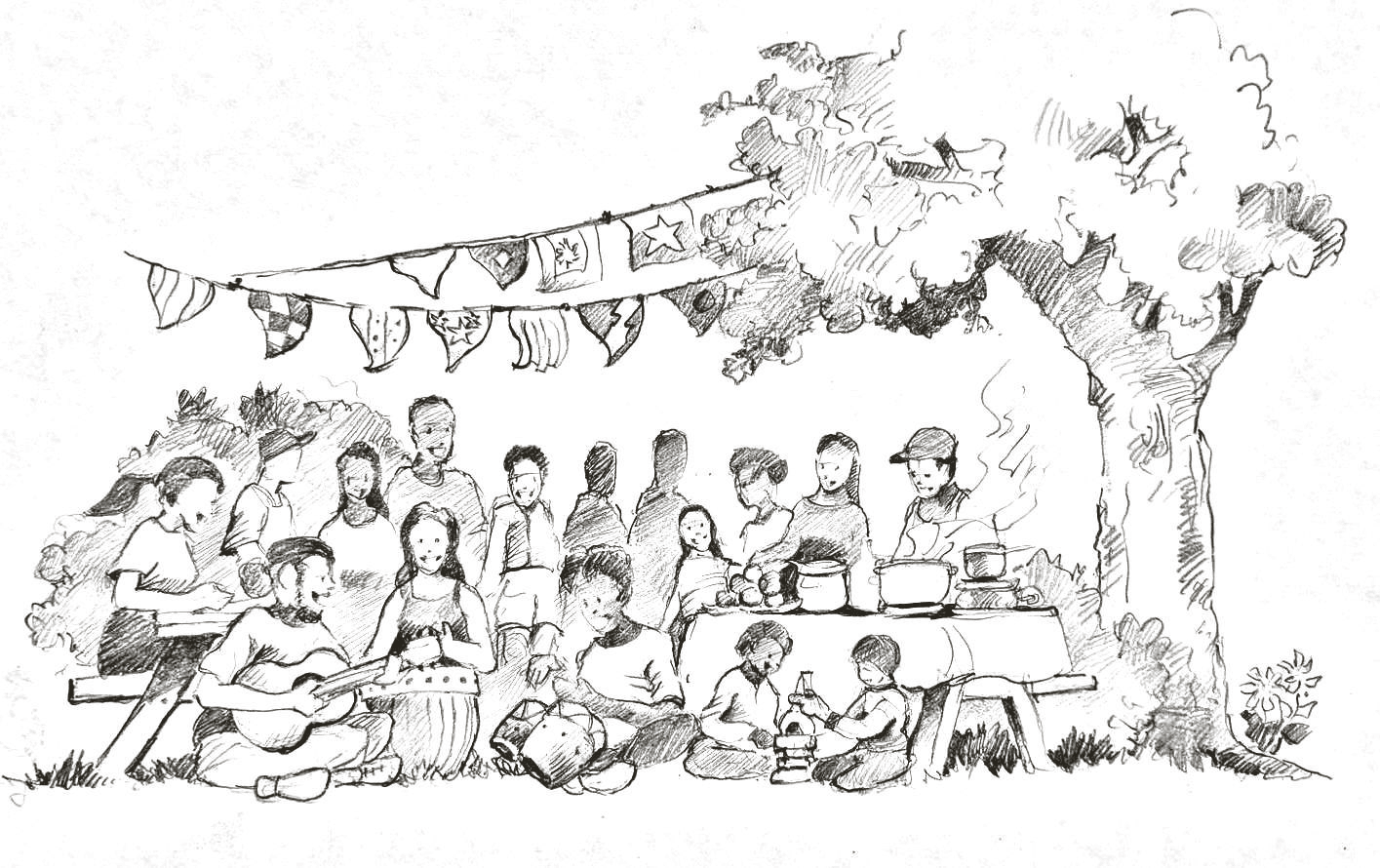 Pencil sketch of a community feast under a tree strung with bunting — someone strums a guitar, others drum, and cooks serve steaming pots at a long table